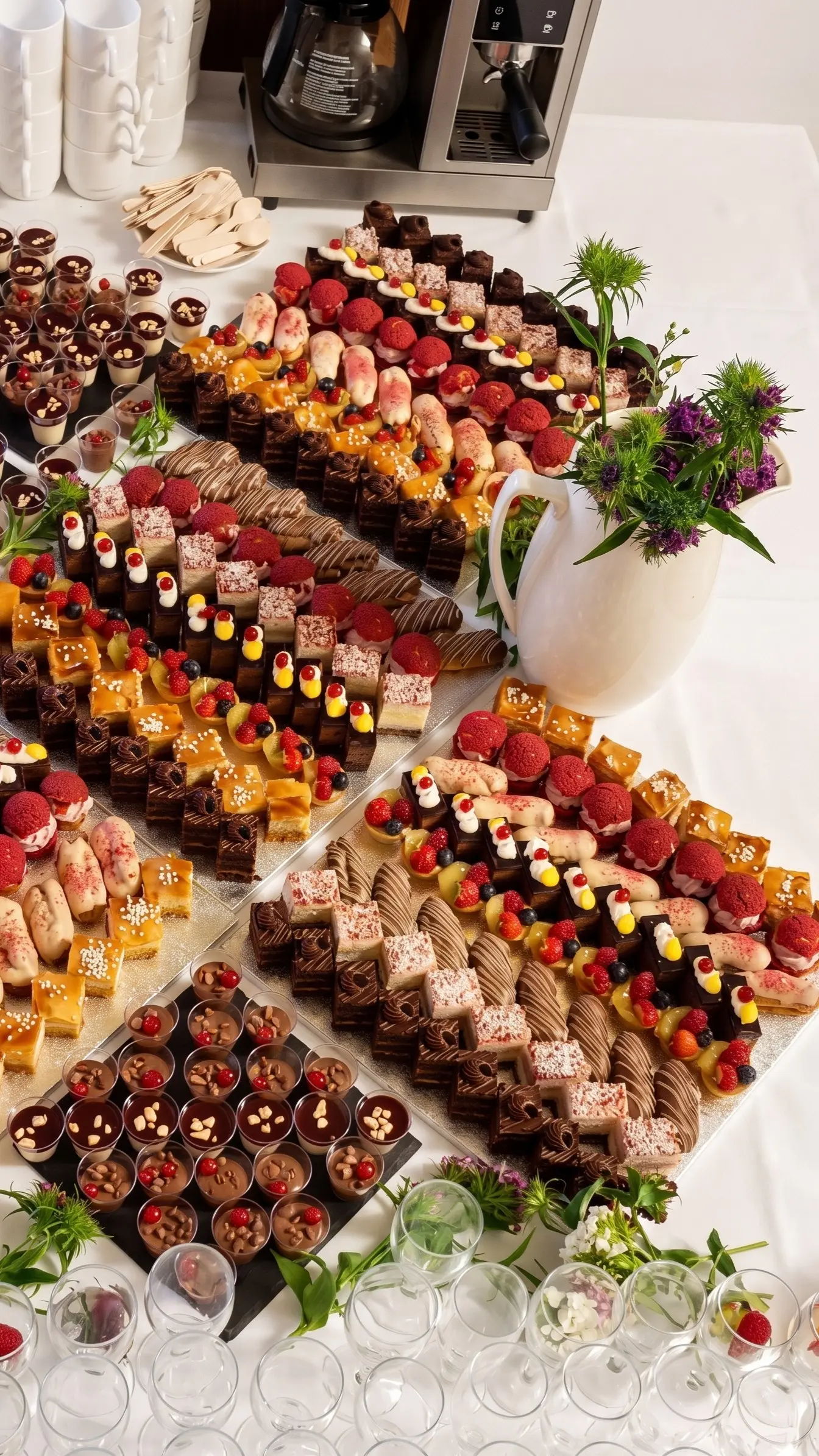 Large dessert table with mini cakes, chocolate desserts, fruit pieces, mousse cups and assorted sweet treats